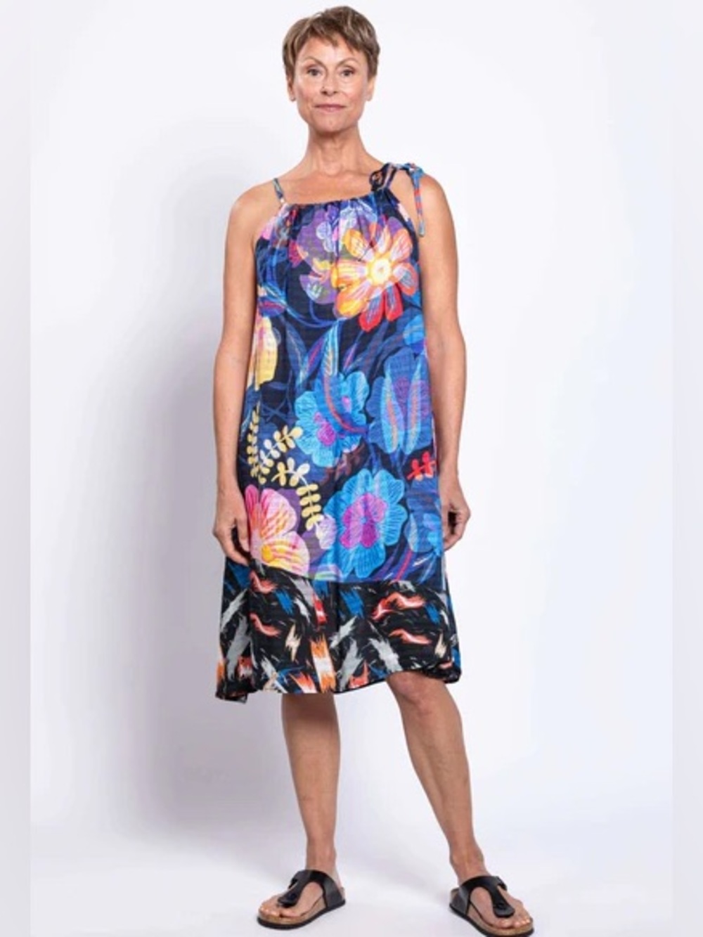 Blue Sky Bright Fruity Floral Tie-Shoulder Beach Sundress Summer 2026 NWT